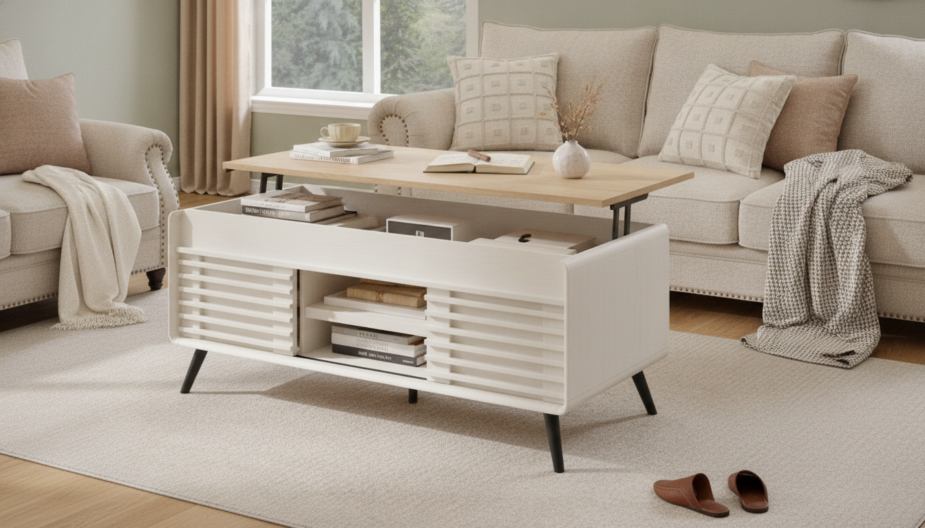Antique White Lift-Top Coffee Table with Sliding Door