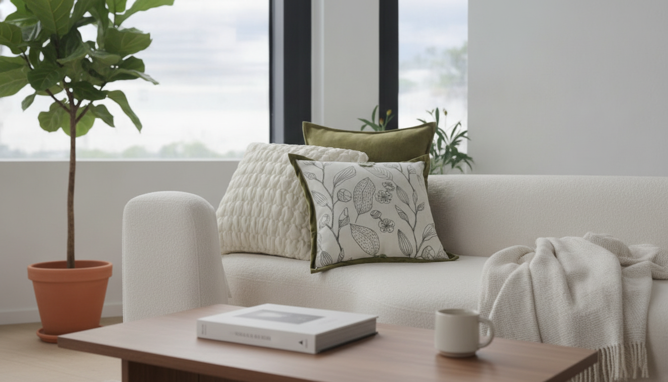 Cream & Green Jacquard Cushion Cover 45x45cm